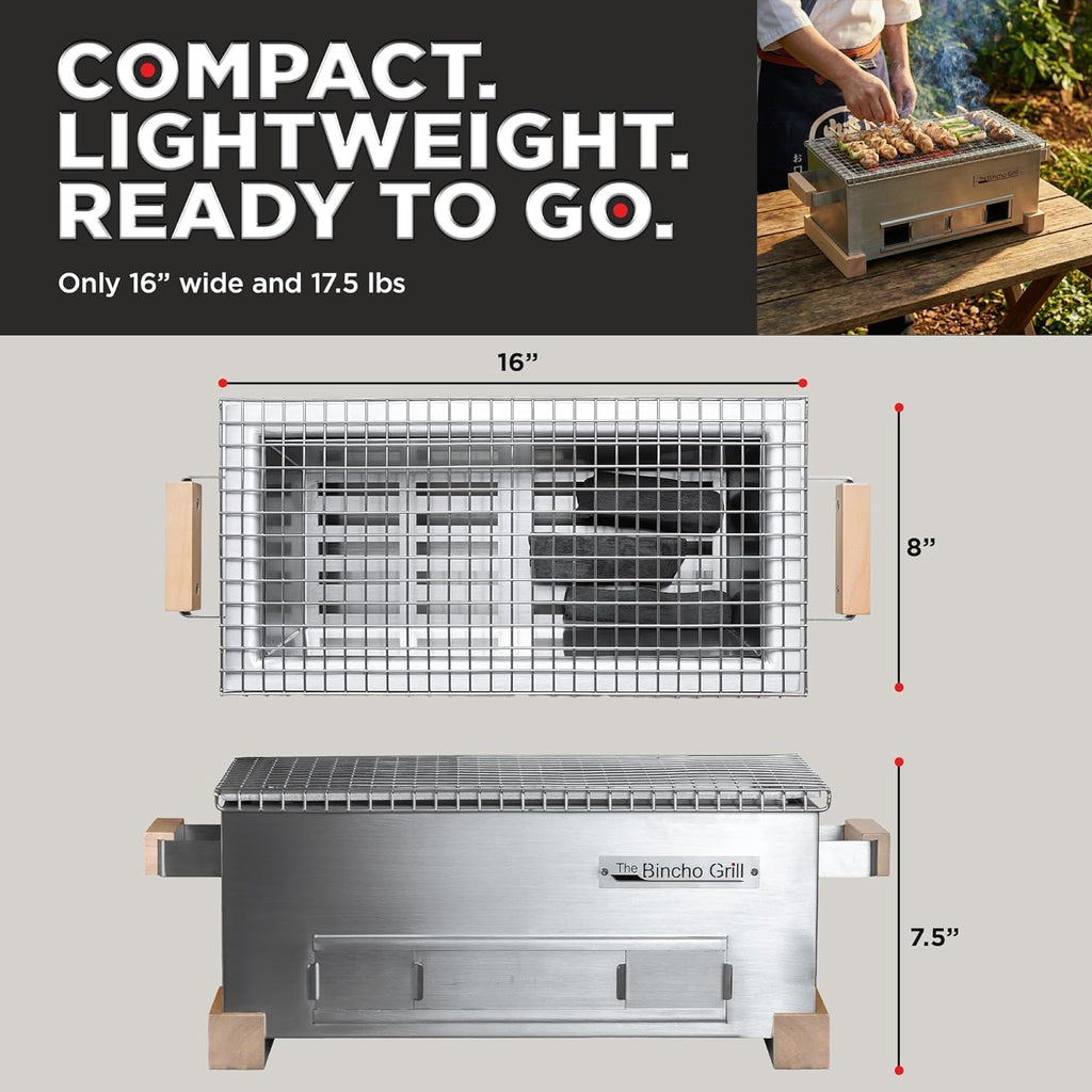 The Bincho Grill 16' Mini Yakitori Grill – Stainless Steel Mini Tabletop Charcoal BBQ with Charcoal Box, Optimized Airflow & Cool-Touch Base - Perfect for Japanese Grilling, Skewers, Meat, Seafood