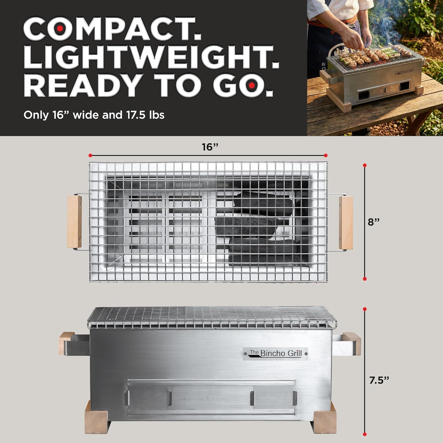 The Bincho Grill 16' Mini Yakitori Grill – Stainless Steel Mini Tabletop Charcoal BBQ with Charcoal Box, Optimized Airflow & Cool-Touch Base - Perfect for Japanese Grilling, Skewers, Meat, Seafood