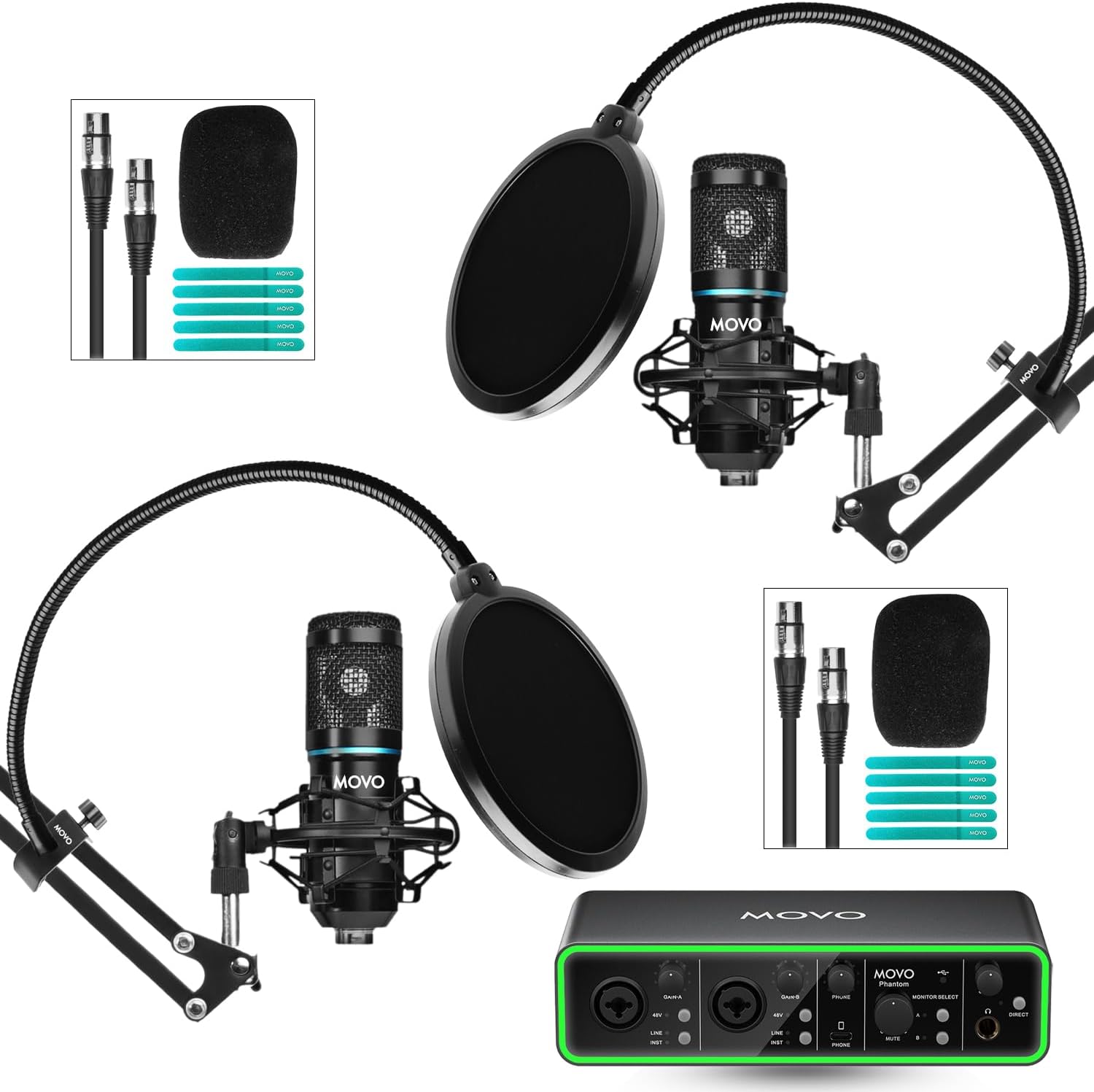 Movo PodKit2A Podcast Equipment Bundle for 2 Condenser Microphone Kit with Phantom 2x2 USB-C Audio Interface and Articulating Scissor Arm Mic Stand - for YouTube, Podcasting, Streaming, Twitch