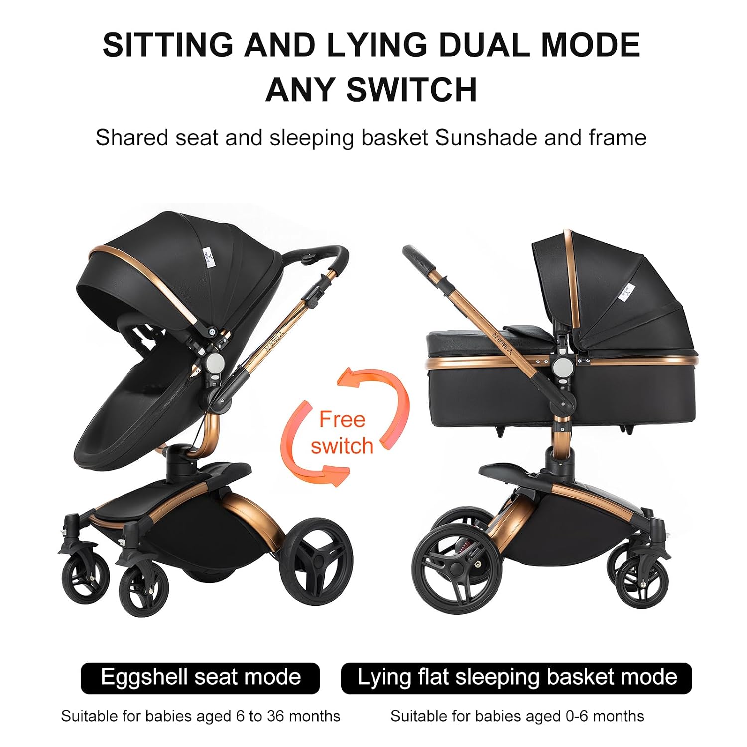 PU Leather 2 in 1 Baby Stroller with 360° Rotatable Seat, Convertible Reversible Standard Baby Pram Portable Pushchair Infant Carriage Foldable High Landscape Pram for Toddler Newborn (HR002-Black)