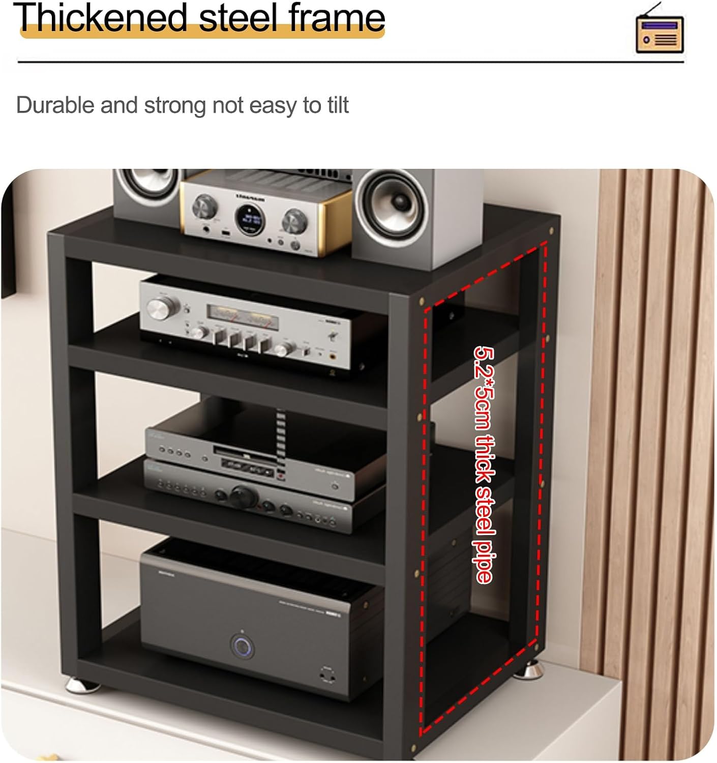 Audio Rack AV Media Stand Wooden Record Player Stand Equipment Console Shelf, for Entertainment Stereo Racks Component Storage and Collection Display(Black,35.5cm/14in)