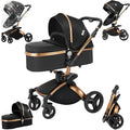 PU Leather 2 in 1 Baby Stroller with 360° Rotatable Seat, Reversible Portable Standard Baby Stroller Convertible Pushchair Infant Carriage Foldable High Landscape Pram Toddler Newborn (HR002-Black)