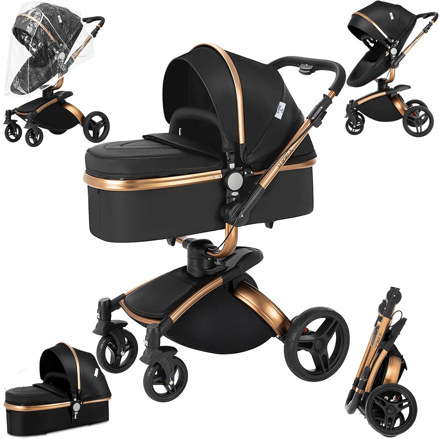 PU Leather 2 in 1 Baby Stroller with 360° Rotatable Seat, Reversible Portable Standard Baby Stroller Convertible Pushchair Infant Carriage Foldable High Landscape Pram Toddler Newborn (HR002-Black)