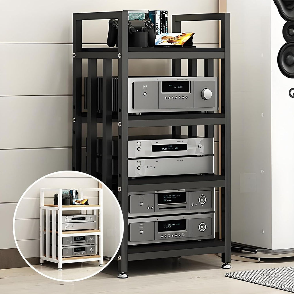 AV Media Stand for CD Player, Adjustable Stereo Rack & Cabinet with Non-Slip Feet, Multifunctional Audio Video Tower Stand - Perfect for Home Entertainment (Black)