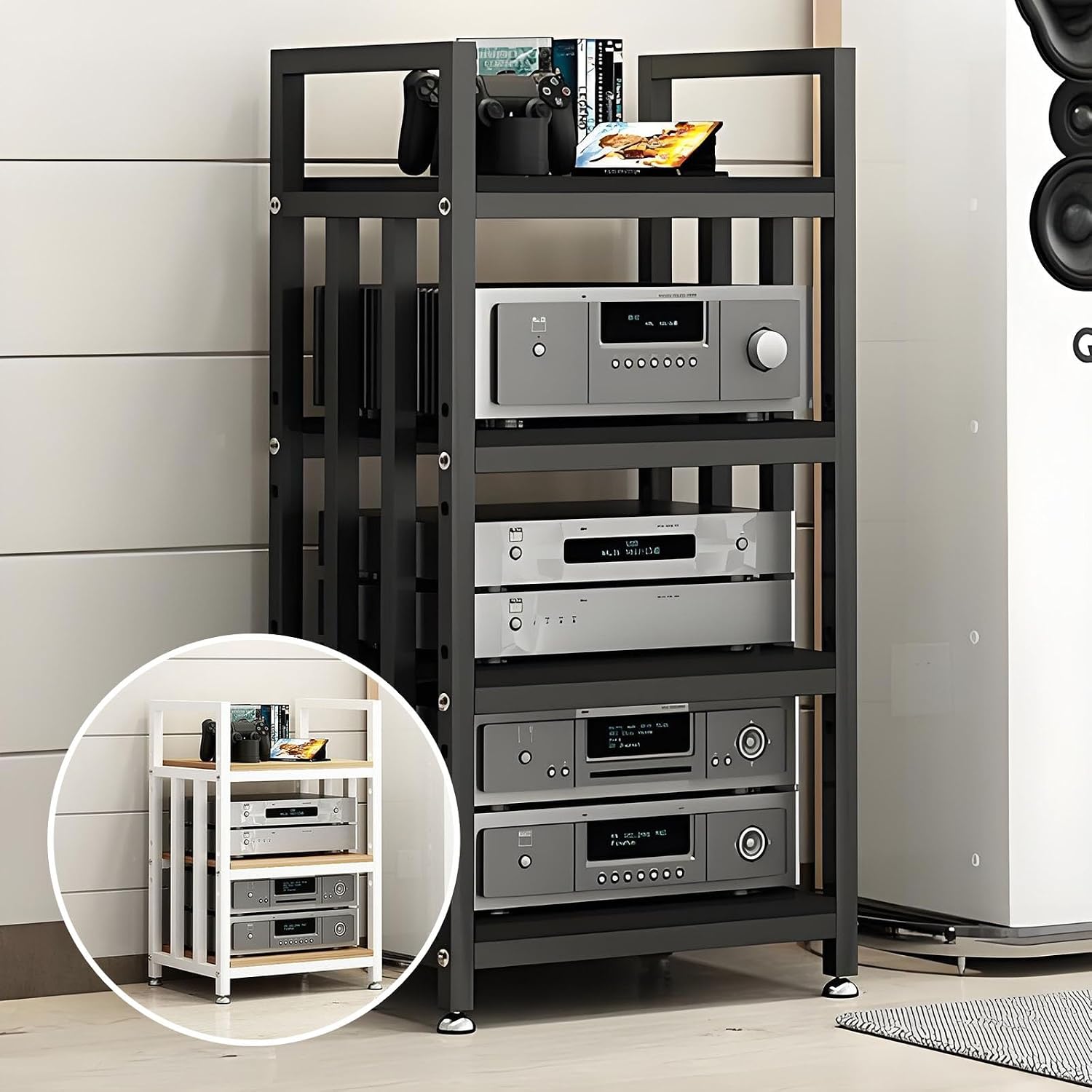 AV Media Stand for CD Player, Adjustable Stereo Rack & Cabinet with Non-Slip Feet, Multifunctional Audio Video Tower Stand - Perfect for Home Entertainment (Black)