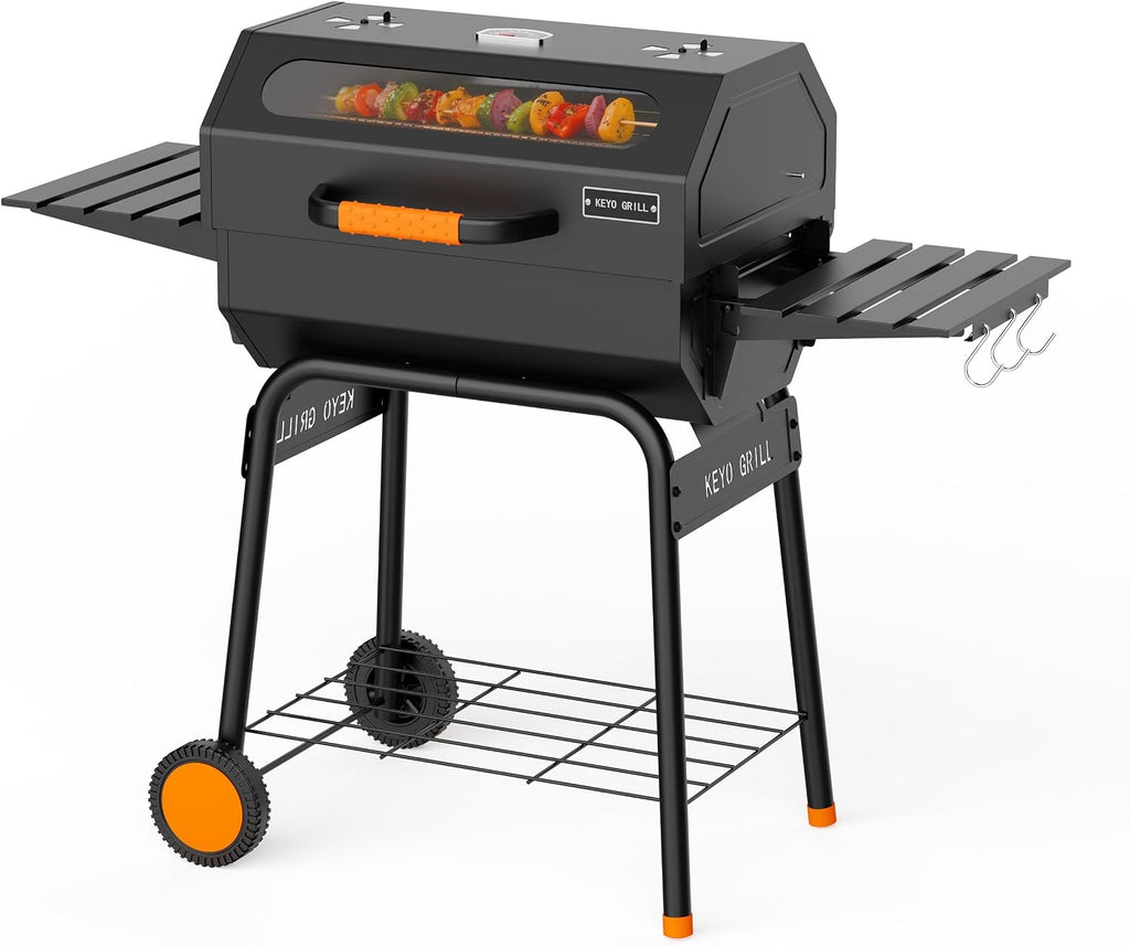 KEYO GRILL 23-Inch Movable Charcoal Grill, High Temperature Resistant Glass Barrel Charcoal Grills with Adjustable Vents, Warming Rack Outdoor BBQ Grills for Backyard, Patio and Parties, Black