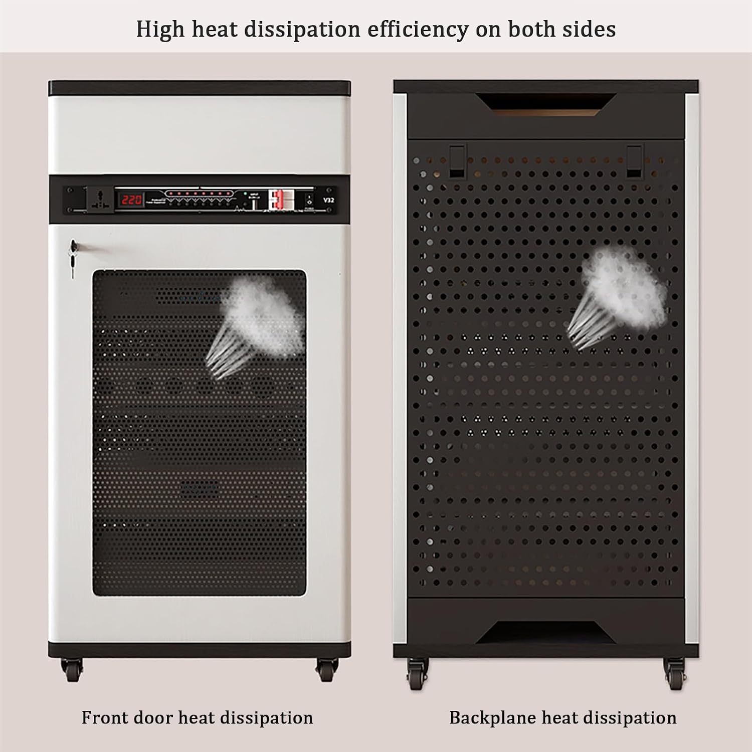 Black Stereo Cabinet - Lockable Media Storage with Wheels, Adjustable Shelves & Cable Management, 52x55x108cm - Ideal AV Rack for Home Theater & Audio Equipment