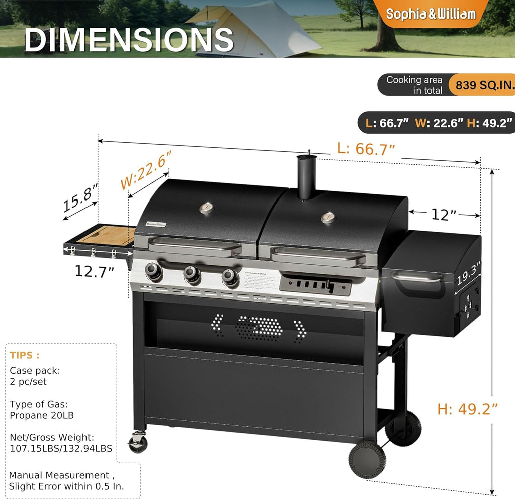 Sophia & William 3-Burner Gas and Charcoal Grill Combo with Offset Smoker - Dual Fuel BBQ Grill, 840 sq. in. Cooking Area, Heavy Duty Propane Barbecue for Outdoor Patio Cooking, Black