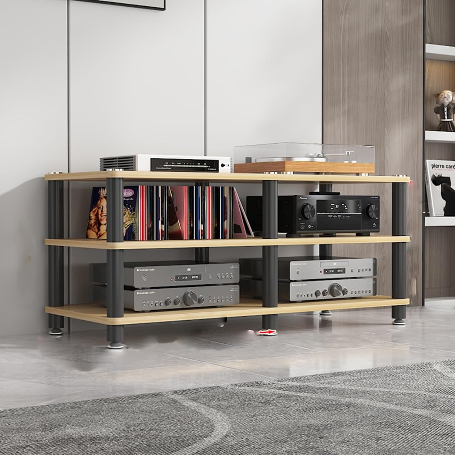 4-Tier Corner AV Media Stand - Light Walnut Stereo Rack for Gaming Console & Audio Equipment - Entertainment Tower Shelf Storage (120x40x50cm)