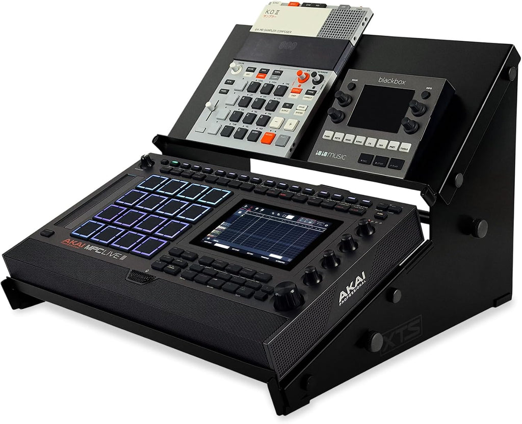XTS Duo-Flex Desktop Stand, 2 Tiers with Trays for FX Pedals / Synths / Samplers / Audio Interfaces / MIDI Controllers, Holds 2-4 Pedals or Machines on Each Tier, 17.7' Width, Fits MPC Live 3 / TR-8S / Digitakt & more