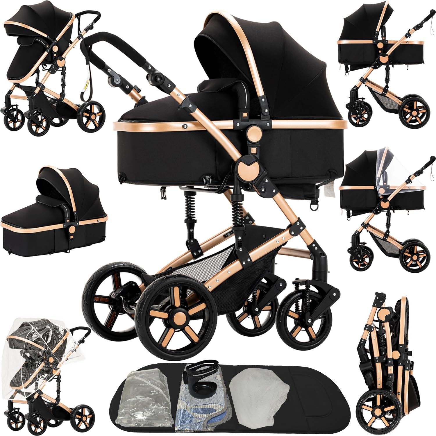 2 in 1 Baby Stroller Reversible Portable Standard Baby Stroller Convertible Pushchair Infant Buggy Baby Carriage Foldable High Landscape Pram for Toddler Newborn (2US588-BG 2 in 1)