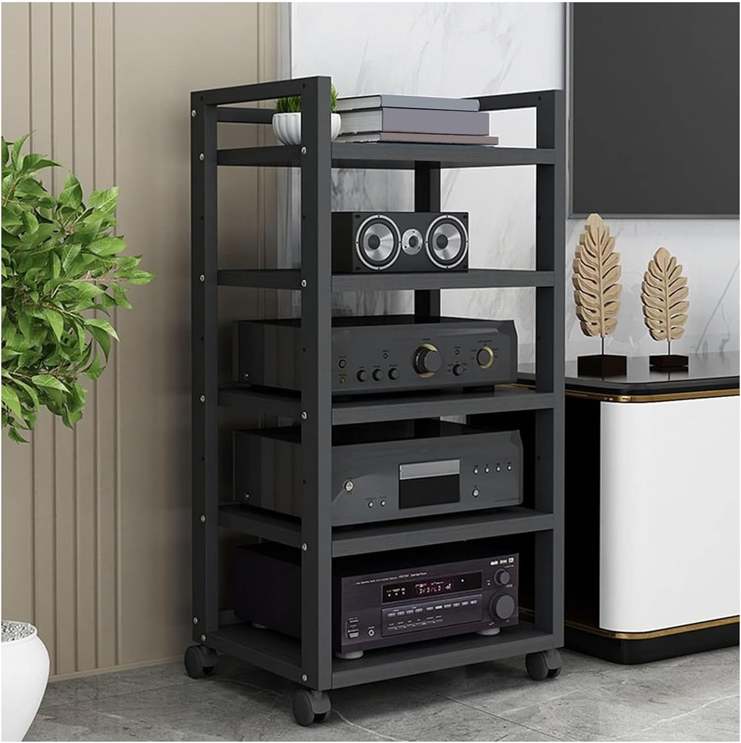5-Tier Corner Wood Shelf with Wheels, Multifunctional Audio Video Rack Stereo Cabinet Adjustable Shelves,Adjustable Home Audio Rack Stereo Cabinet Record Player Stand for CD/DVD Player