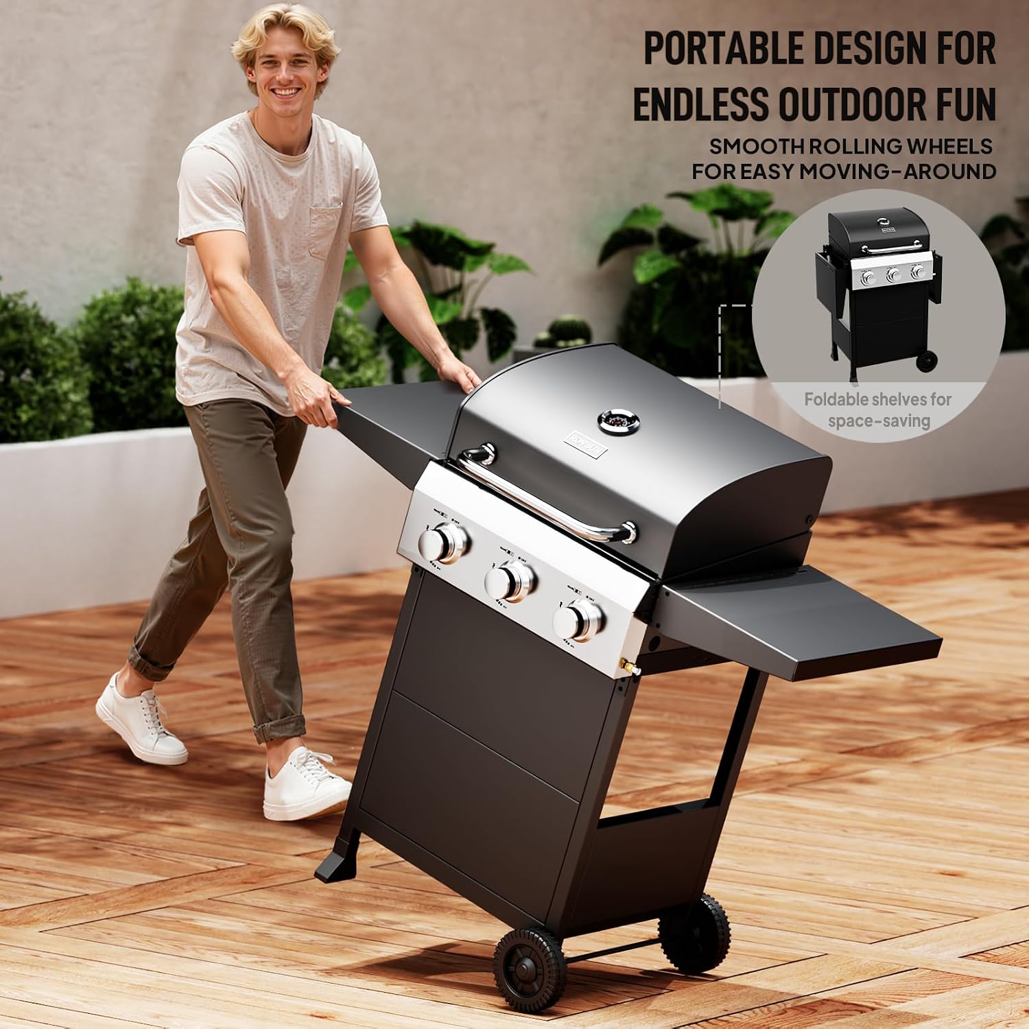 ROVSUN 3 Burner Propane Gas Grill with Foldable Side Shelves, 36000BTU BBQ Grills with Enameled Cast Iron Grates, Cabinet & Poratable Rolling Wheels for Outdoor Garden Patio Backyard Barbecue Cooking