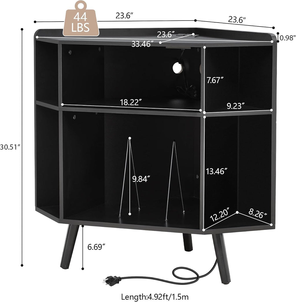 Corner Record Player Stand with Charging Station & USB Ports, 3 Tier Mid Century Modern Vinyl Record Storage Cabinet, Wood Turntable Stand for Music Room, Living Room, Small Space (Black)