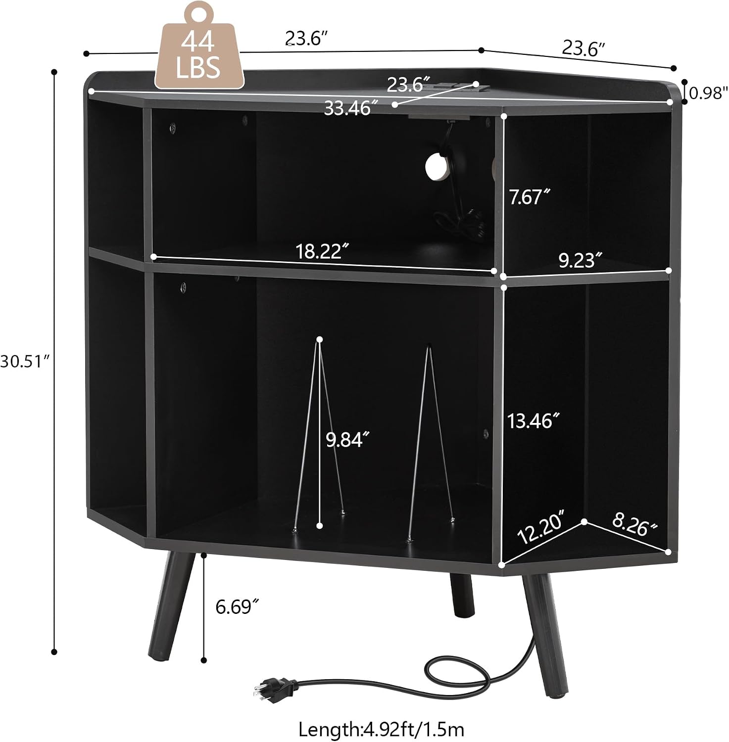 Corner Record Player Stand with Charging Station & USB Ports, 3 Tier Mid Century Modern Vinyl Record Storage Cabinet, Wood Turntable Stand for Music Room, Living Room, Small Space (Black)