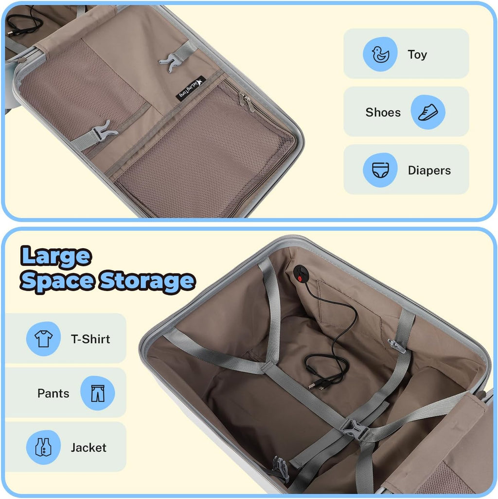 FAHKNS Ride on Carry On Suitcase for Kids,Large Suitcases with Child Seat Design,Rolling Travel Luggage With Kids Seat for Airplane,Blue