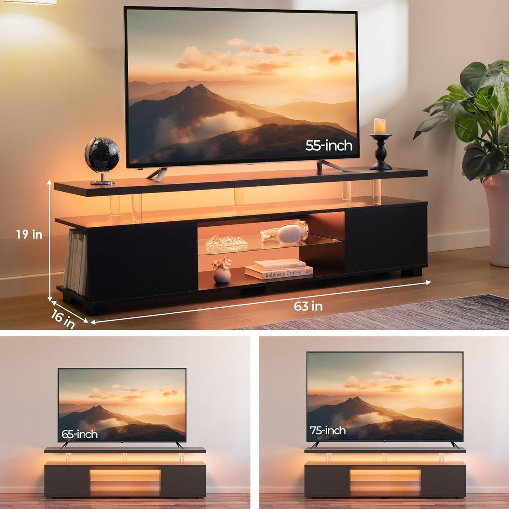 Cubehom Black TV Stand,Glass TV Stands for Living Room,TV Stand for 75+ inch TV,Long TV Cabinet for Living Room,Bedroom,Home Office
