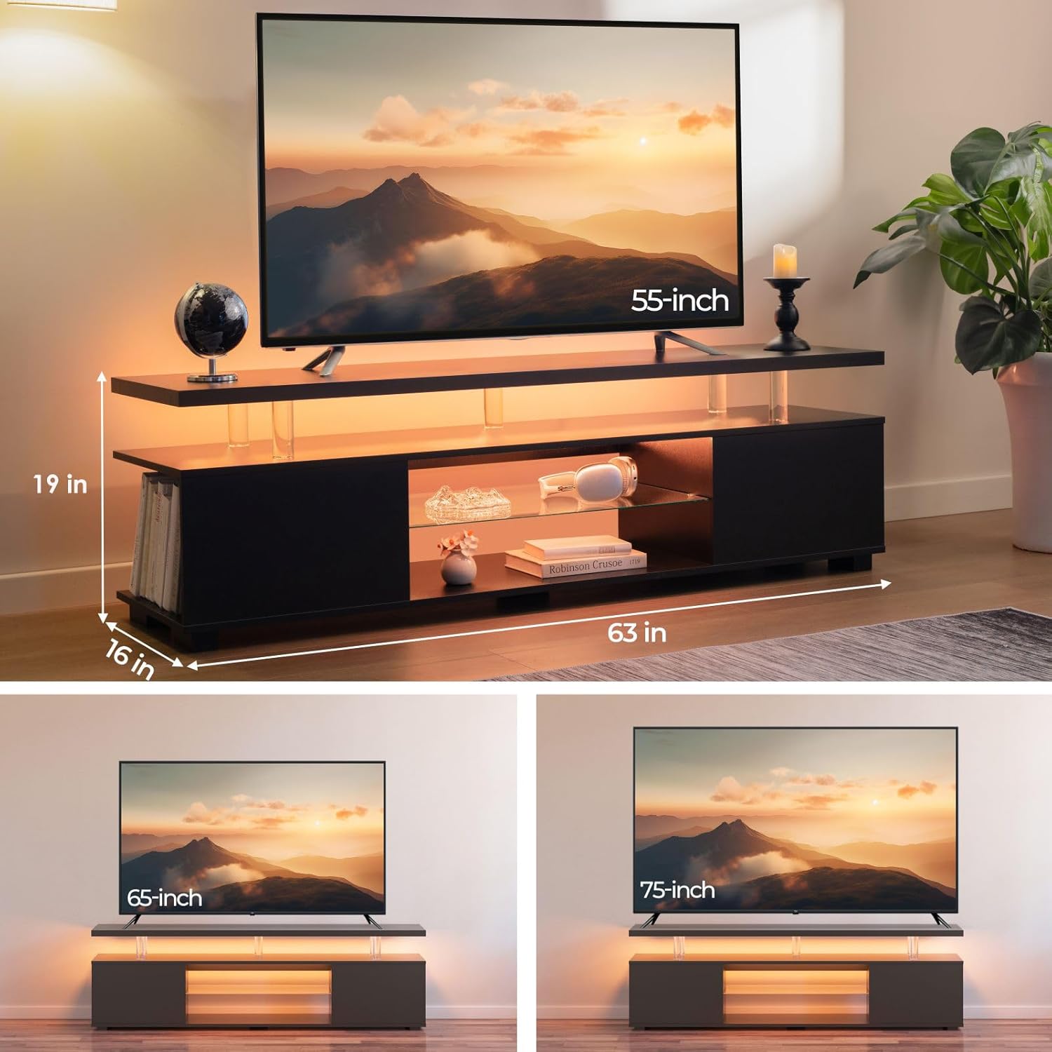 Cubehom Black TV Stand,Glass TV Stands for Living Room,TV Stand for 75+ inch TV,Long TV Cabinet for Living Room,Bedroom,Home Office