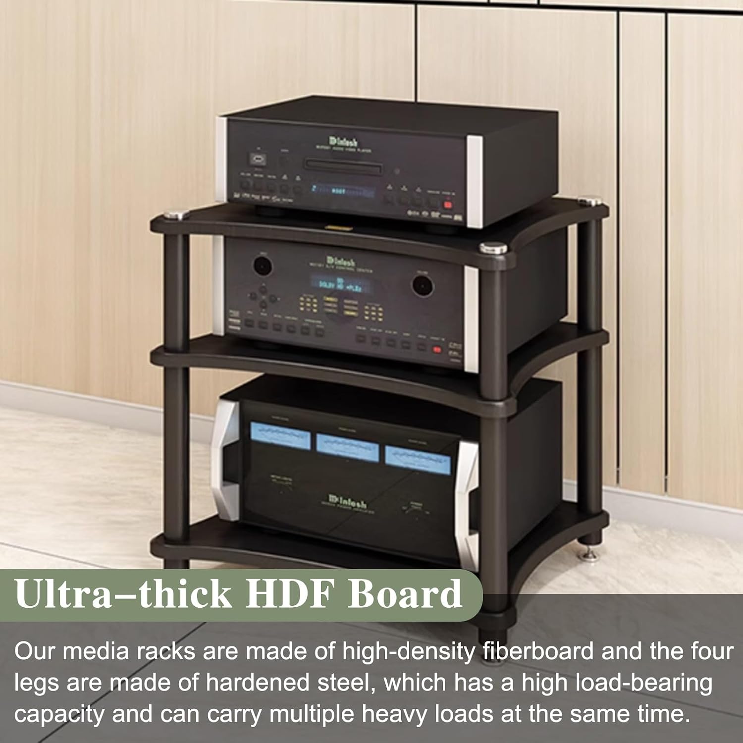 Audio Cabinet Rack 1-4 Tier AV Media Stand with 4 Steel Post, Vintage Furniture Stereo Cabinet Audio Rack Tower, Large Storage Capacity Equipment Holders for Living Room(3 Tier)