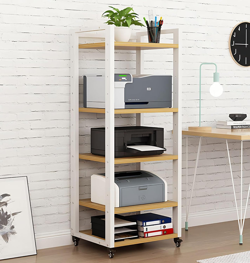 Heavy-Duty Audio Equipment Stand on Wheels, 5-Tier White Storage Shelf for Home Media Organization, Mobile Media Rack for TV, Speakers, and Accessories