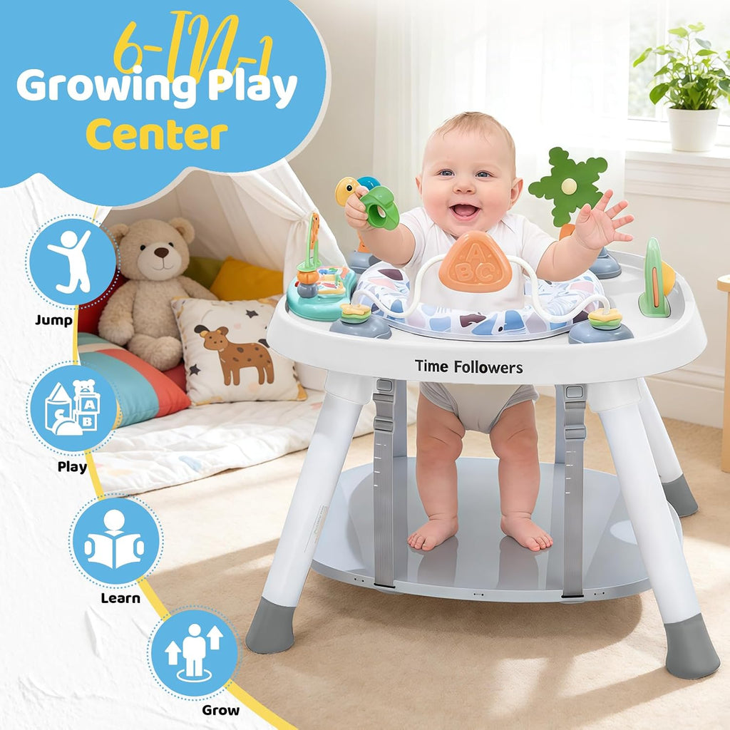 Time Followers® 6-in-1 Baby Activity Center | 4 Stage Montessori-Inspired Toys | Grow Stationary Standing Toddler Table | Jumpers & Bouncers | Must Have for Boy & Girl 6, 12, 24+ Month Old (White)