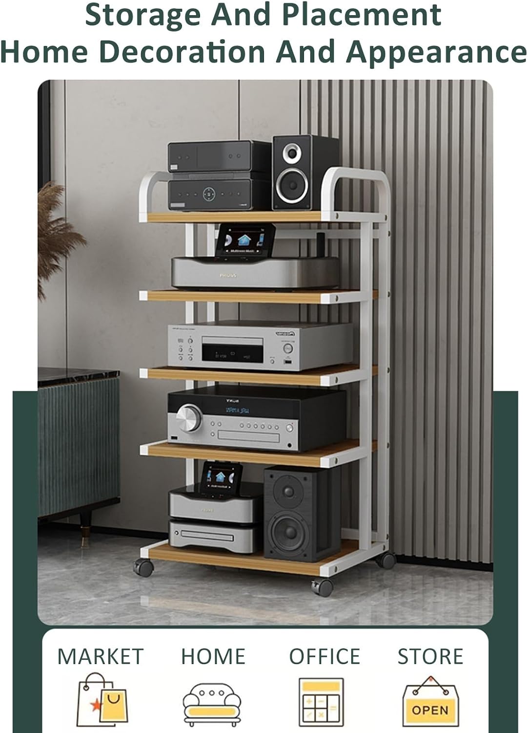 Stereo Stand Modern with Wheels Audio-Video Media Stand Design AV Media Stand Audio Rack Tower for Record Player Wooden Stereo Cabinet Audio Rack Tower for Living Gaming Recording Room(Deep black,50x4