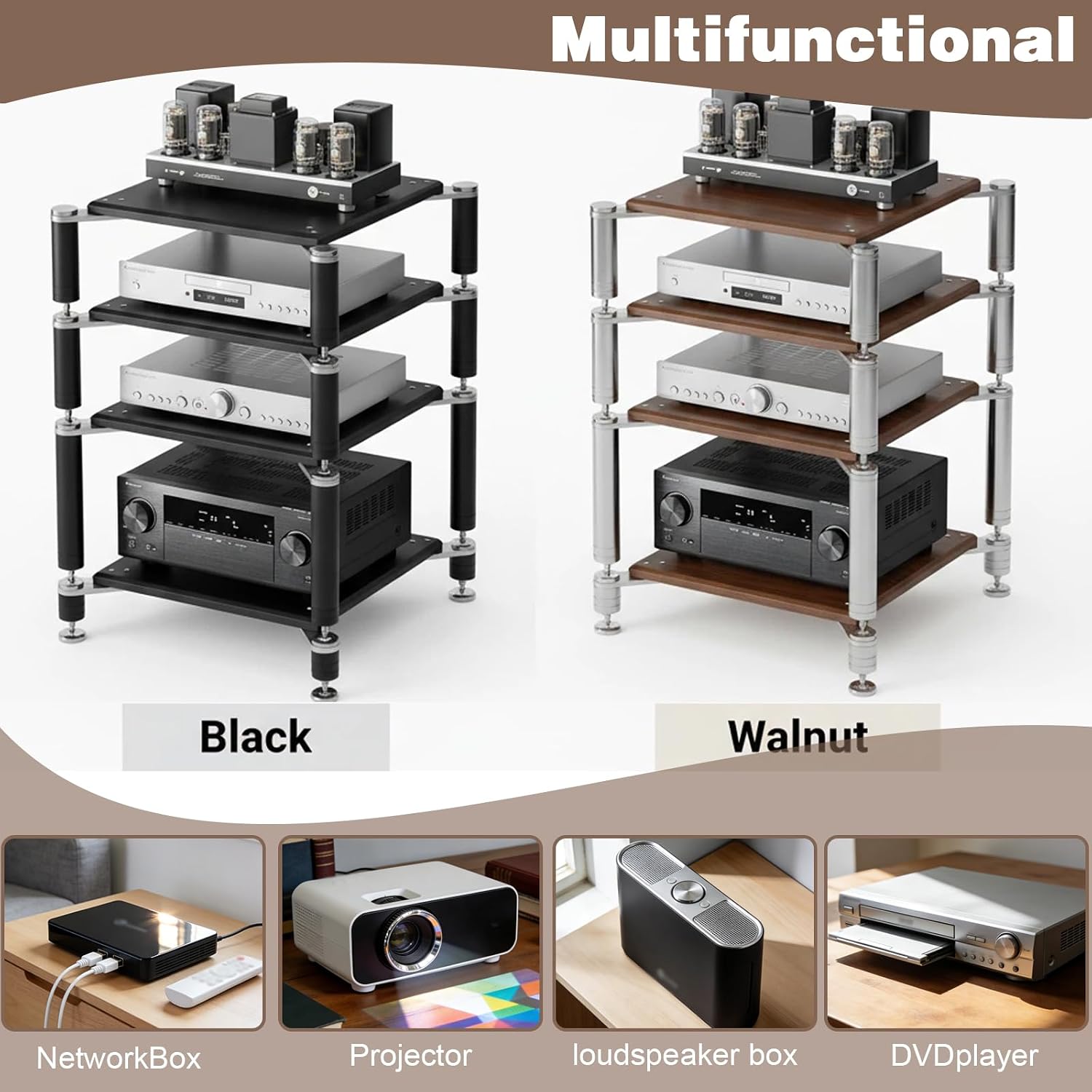 4-Tier AV Media Stand, Heavy Duty Audio Rack with Shock-Absorbing Foot pegs, Open Design av Stand, Multi-Layer Stereo Equipment Rack for Home, Office, Theater (Walnut, 4-Tiers)