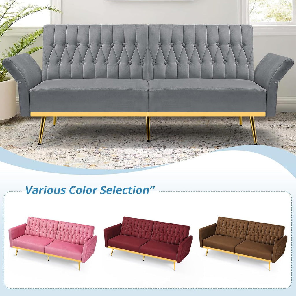 70' Velvet Futon Sofa Bed with 2 Pillows and Adjustable Armrests, Convertible Sleeper Bed W/Adjustable Backrests, Modern Loveseat for Living Room, Bedroom, Light Grey