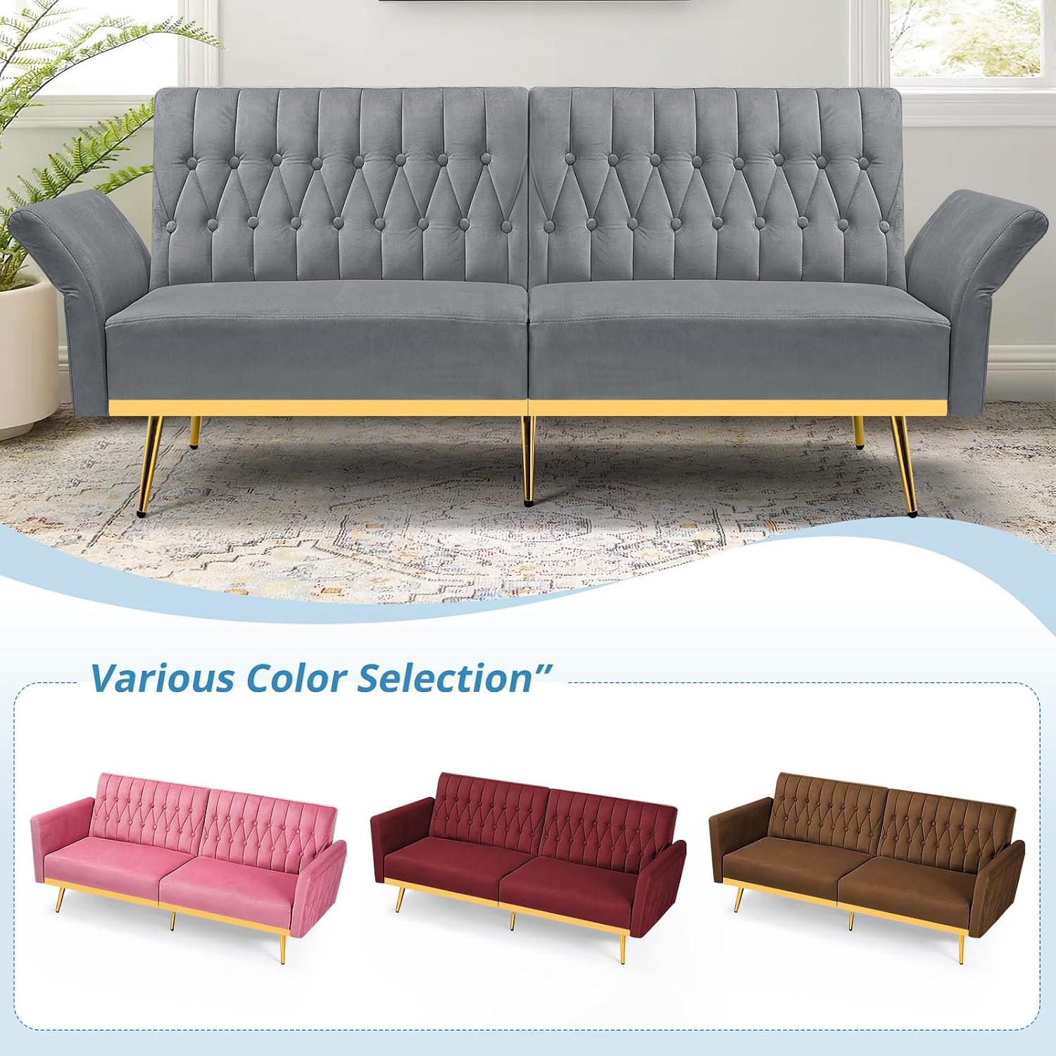 70' Velvet Futon Sofa Bed with 2 Pillows and Adjustable Armrests, Convertible Sleeper Bed W/Adjustable Backrests, Modern Loveseat for Living Room, Bedroom, Light Grey