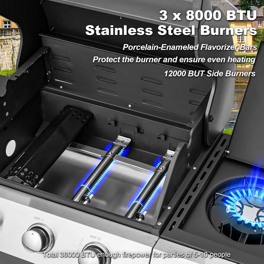 MELLCOM Upgraded 36,000 BTU Stainless Steel Burner Barbecue Grill, 3 Burner BBQ Propane Gas Grill with Cast Iron Grates & Side Stove for Patio, Camping, Outdoor Cooking