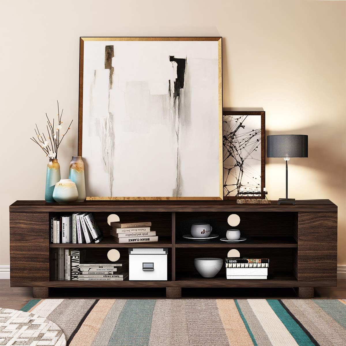 Tangkula Wood TV Stand for TVs up to 65 Inch Flat Screen, Modern Entertainment Center with 8 Open Shelves, Farmhouse TV Storage Cabinet for Living Room Bedroom, TV Console Table (Brown)