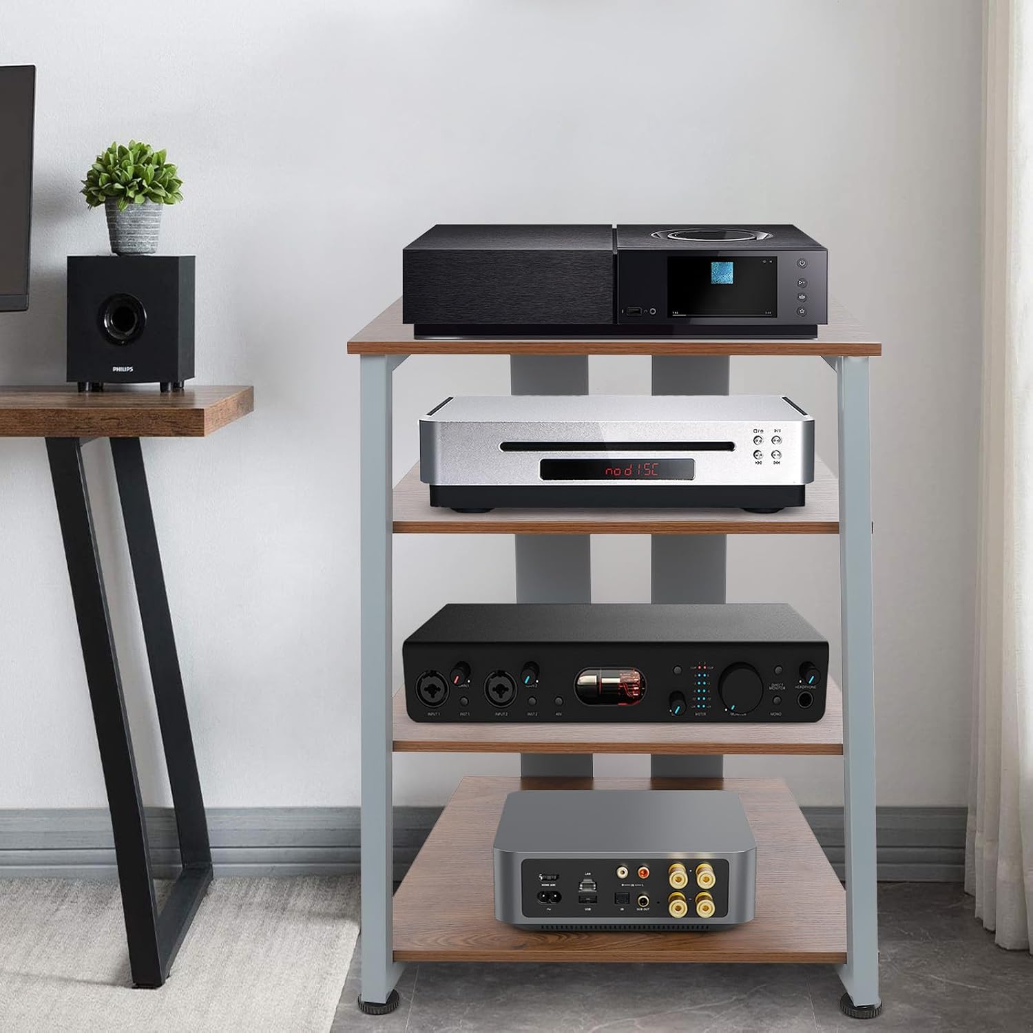 4-Tier AV Media Stand Corner Shelf Wooden Stereo Cabinet Audio Rack Tower for Audiovisual Equipment/DVD Players/CD Changers/Game Consoles