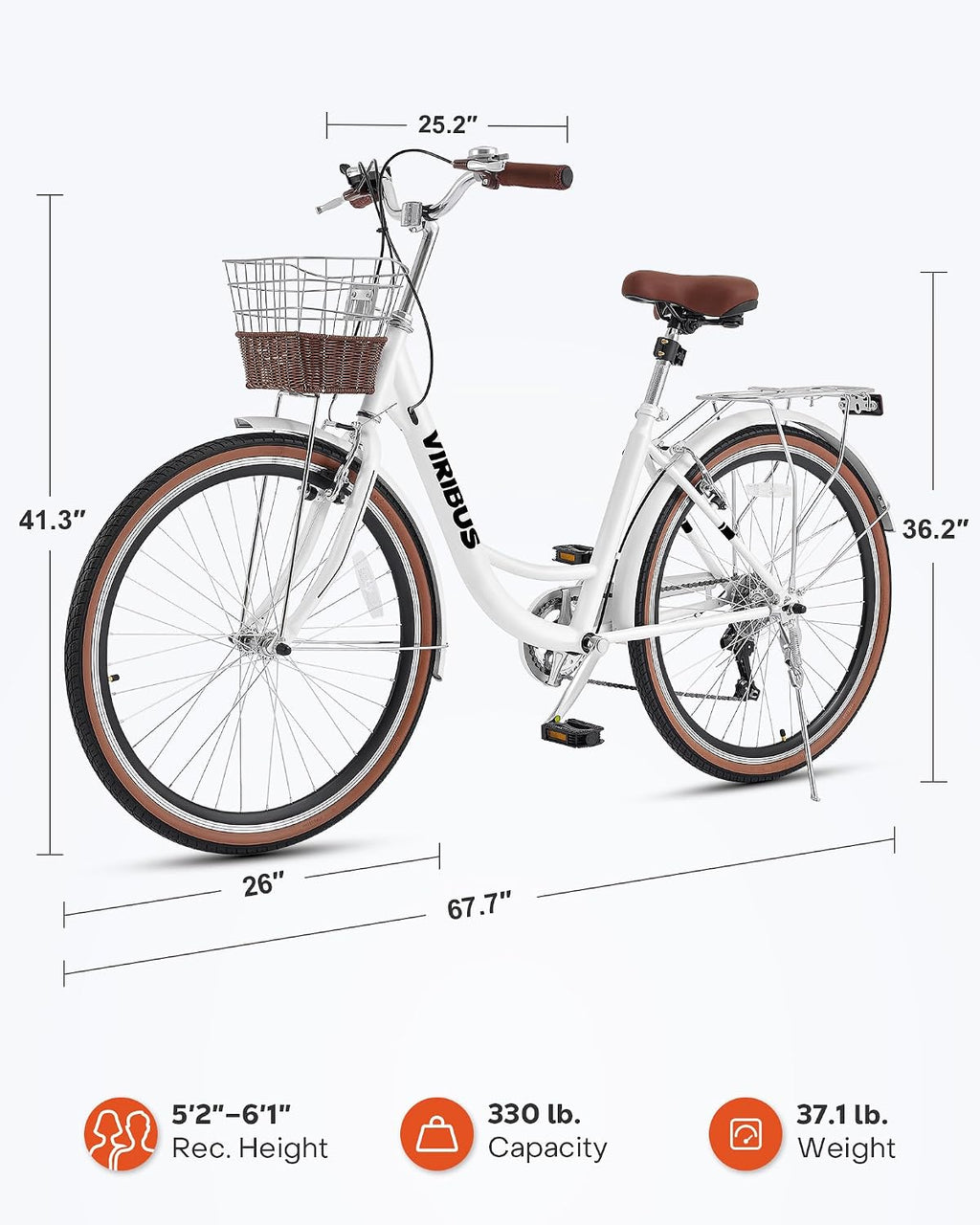 VIRIBUS Womens Cruiser Bike, 7 Speed Beach Cruiser Bike for Women, 26 inch Women Bicycle with Rattan Basket, City Commuter Vintage Retro Step Through Bicycle for Female Ladies Seniors, 330 Lb.