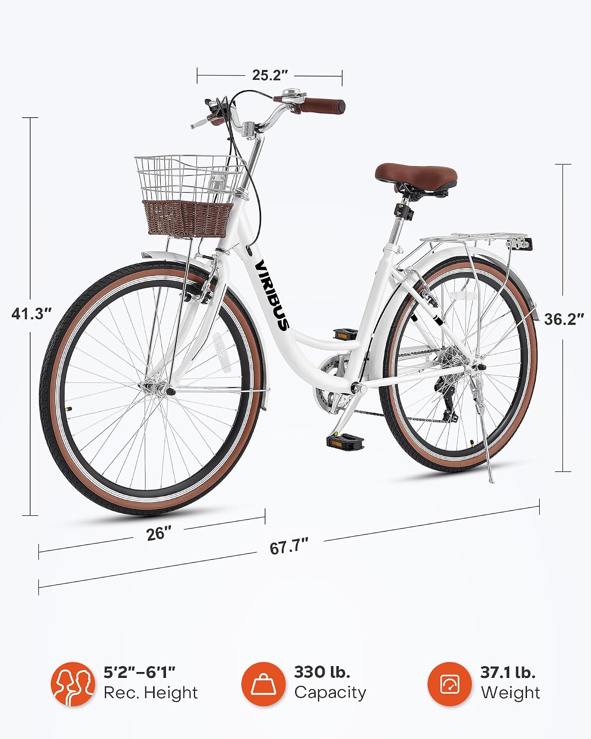 VIRIBUS Womens Cruiser Bike, 7 Speed Beach Cruiser Bike for Women, 26 inch Women Bicycle with Rattan Basket, City Commuter Vintage Retro Step Through Bicycle for Female Ladies Seniors, 330 Lb.