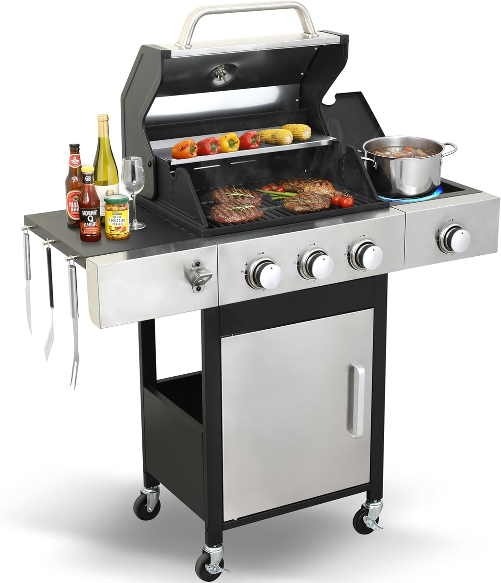 3-Burner Propane Grill for Backyard - 37,230 BTU BBQ with Side Burner, Porcelain Cast Iron Grates, Stainless Steel Outdoor Grill for Camping & Tailgating, Fast Heating