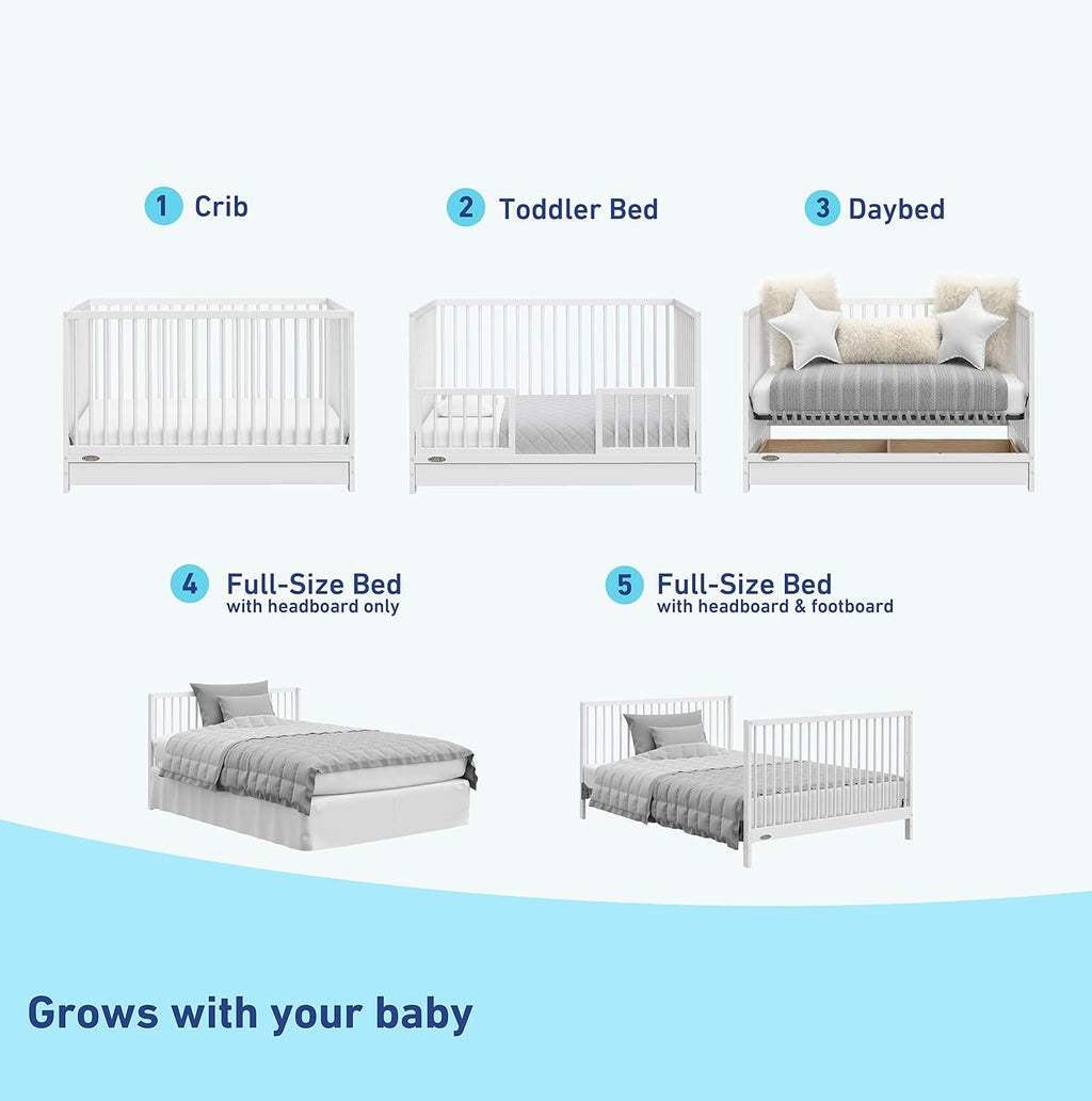 Graco Teddi 5-in-1 Convertible Crib with Drawer – GREENGUARD Gold Certified, Full-Size Nursery Storage Drawer, Baby Crib Converts to Toddler Bed, Daybed and Full-Size Bed (White)