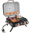 Kenmore 2-Burner Portable Gas Grill, Tabletop BBQ Grill with Warming Rack, Foldable Legs, Stainless Steel Burners, Fits 5 & 20 lb Propane Tanks, Ideal for Camping & Tailgating, Black & Copper