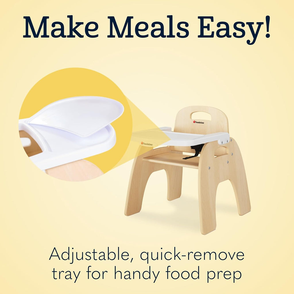 Foundations Easy Serve Low Wood Feeding Chairs Multipack, Adjustable Harness, Removable Dishwasher Safe Tray, No-Tip Base, Stackable Toddler Chairs, 2 Pack, 7 inch