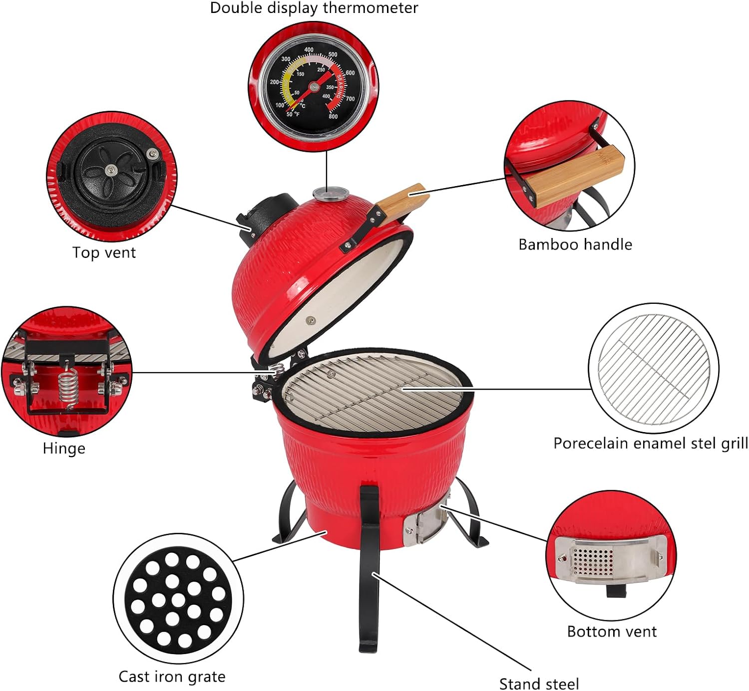 ROVSUN Kamado Charcoal Grill and Smoker with Cast Iron Grate, Portable, Best Small BBQ Grill for Indoor/Outdoor Use, 13'' Mini Max, Red