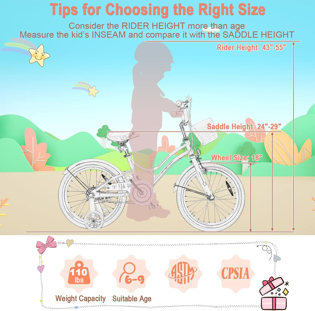 HONEY JOY Kids Bike, 12 14 16 18 20 Inch Toddler Bikes w/Training Wheels, Handbrake & Coaster Brake, Fully Enclosed Chain, Adjustable Handlebar & Seat, Kids Bicycle w/Basket, Girls Boys Bike 3-8