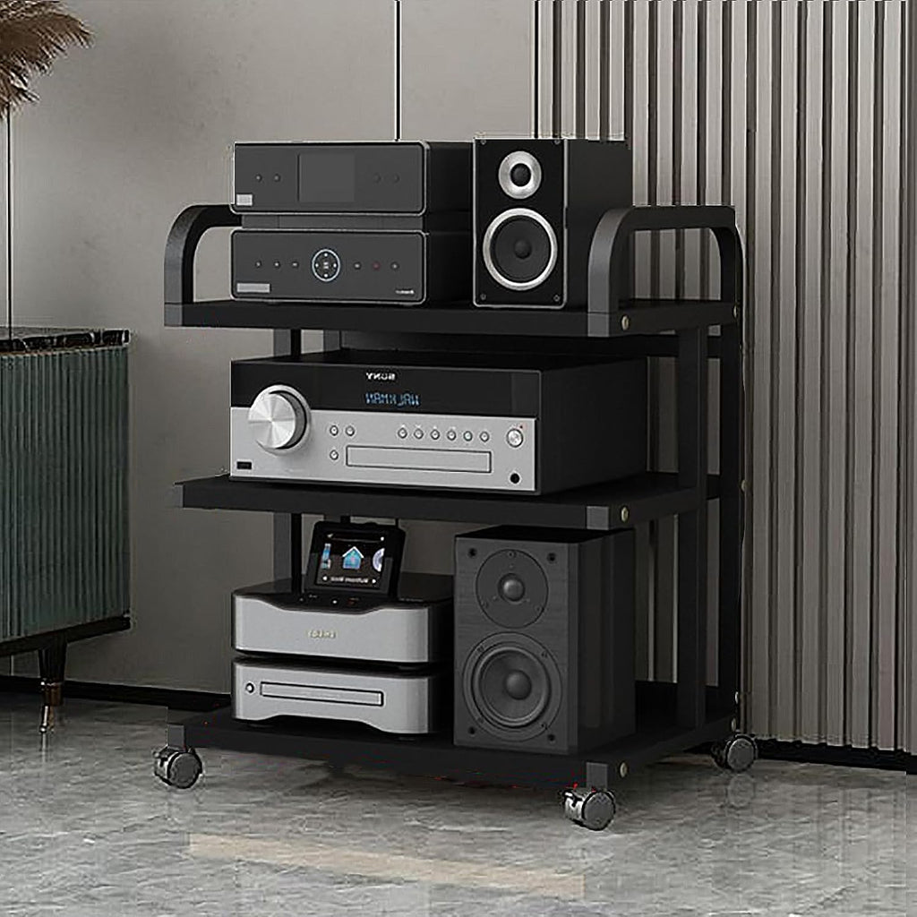 Movable AV Media Stand, 3-Tier Black Audio Rack Storage Cabinet, Modern Entertainment Center Shelving for Stereo Equipment, Adjustable Media Tower, Home Theater Furniture