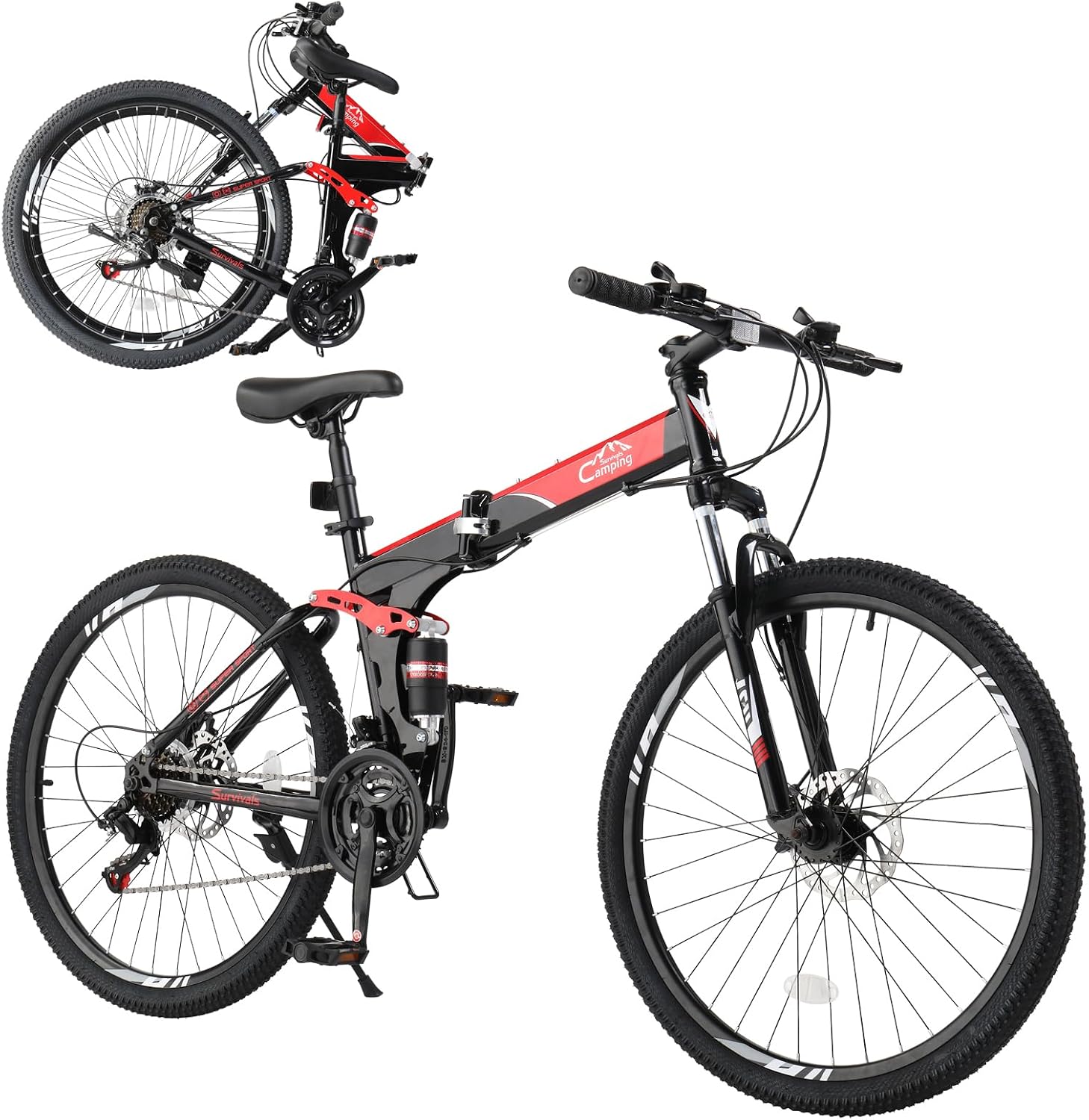 CamPingSurvivals 24/26/27.5 Inch Foldable Bikes for Adults 21 Speed Mountain Bike, Adult Bicycle with High Carbon Steel Frame, Full Suspension, Dual Disc Brake & Adjustable Ergonomic Seat(Black/Red)