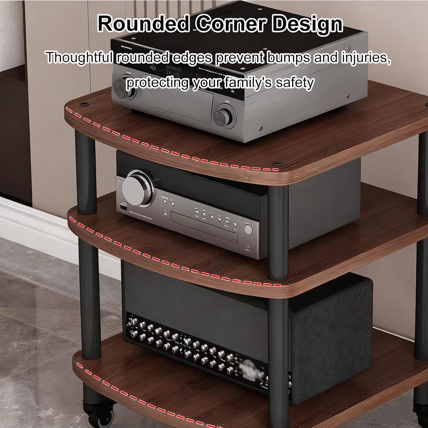 3-Tier Audio-Video Media Stand with Wheels, Home Stereo Entertainment Equipment Storage Cabinet for Meeting, Living, Recording Room(Black)