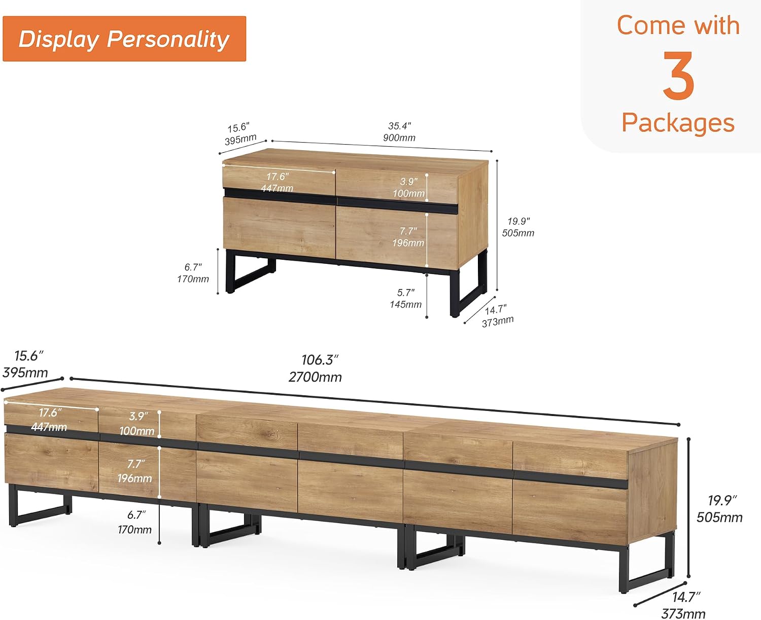 WAMPAT Modern TV Stand for 32-110 Inch TVs, Wood Entertainment Center with Metal Base Storage Cabinets, Media TV Console for Living Room, Oak, 3Pcs