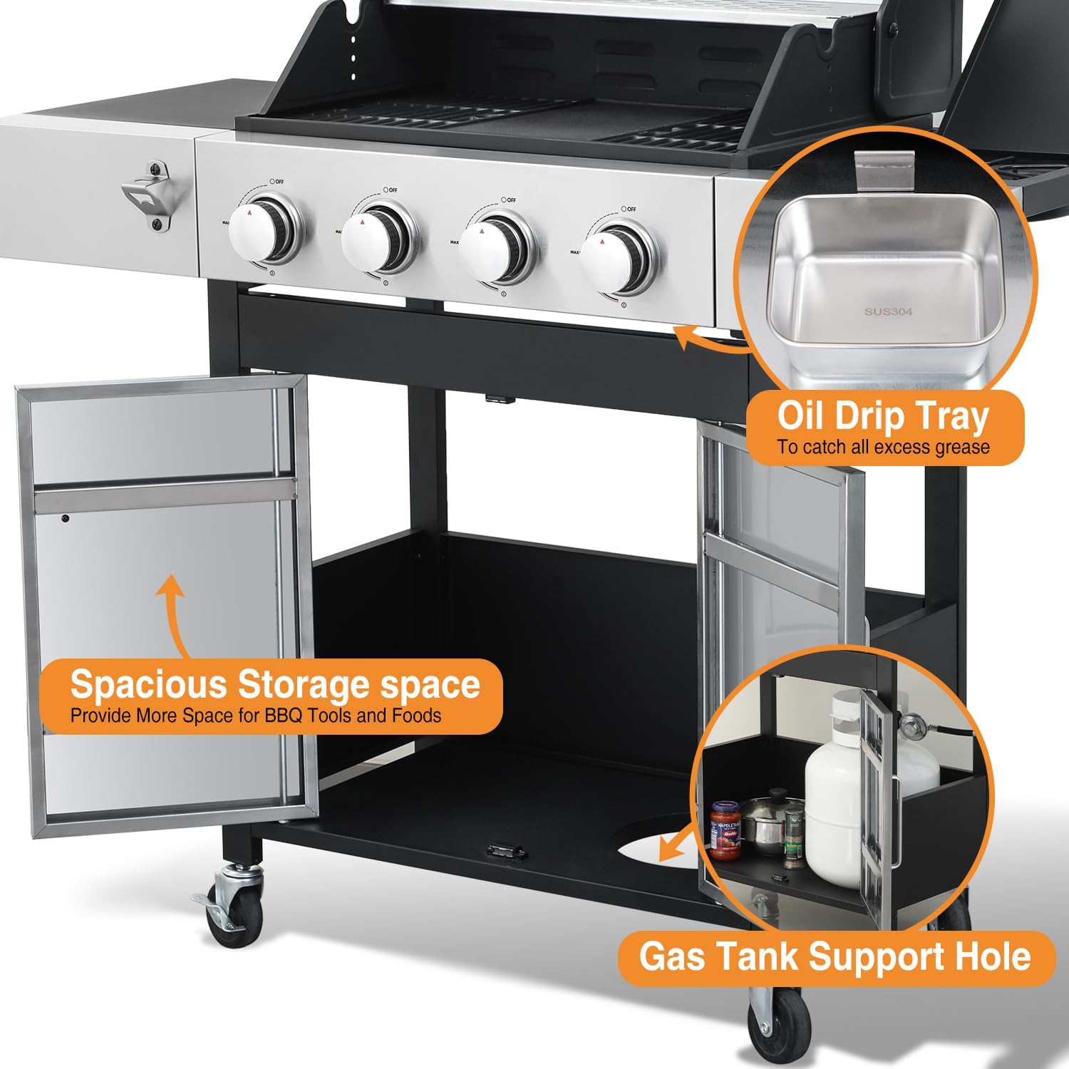4 Burner Propane Gas Grill | 49,000 BTU Cast Iron Grill, Storage, Side Burner, Pullout Oil Drip Tray | Perfect for outdoor Cooking, Garden, Backyard and Patio