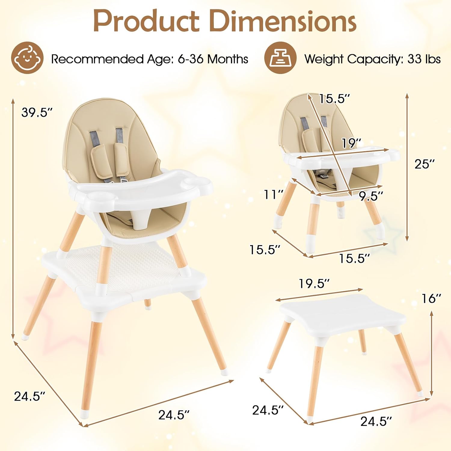 GLACER High Chair, 6-in-1 Convertible Wooden High Chairs for Babies and Toddlers w/Building Block Table, 5-Point Safety Harness, Removable Tray, PU Cushioned Baby High Chair for 6-36 Months (Khaki)
