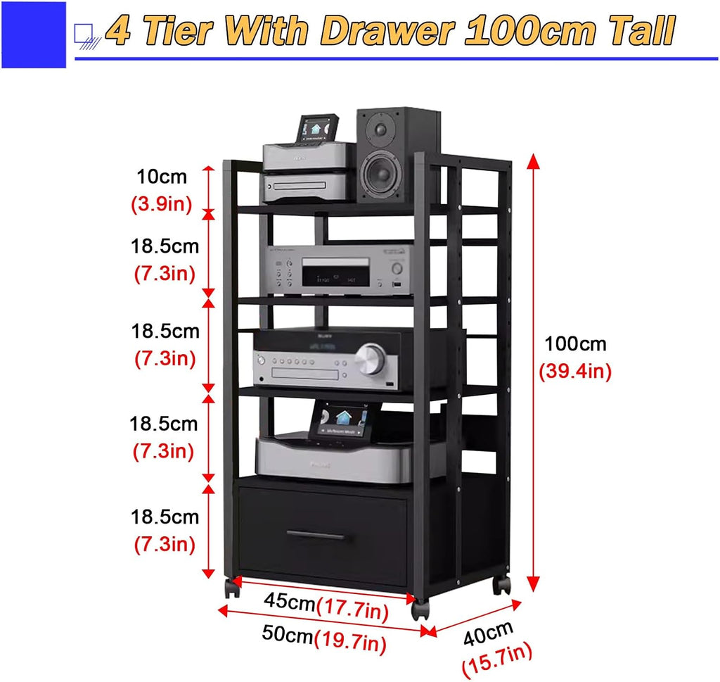5/4/3/2-Tier AV Media Stand Vertical Storage Cabinet, Office Home Classroom Stereo Rack System Cabinet Adjustable, Mobile Audio Equipment Rack, Portable Record Player Amplifiers Shelf(4 Tier 100cm Tal