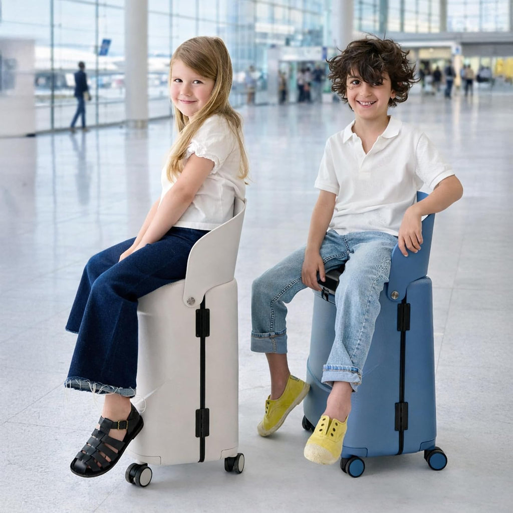 MiaMily Kids Ride-On Carry-On Suitcase with Foldable Seat, Safety Belt, TSA Lock, 4 Double Spinner Wheels, Hard Shell Cabin Luggage, 43L, Mist Grey