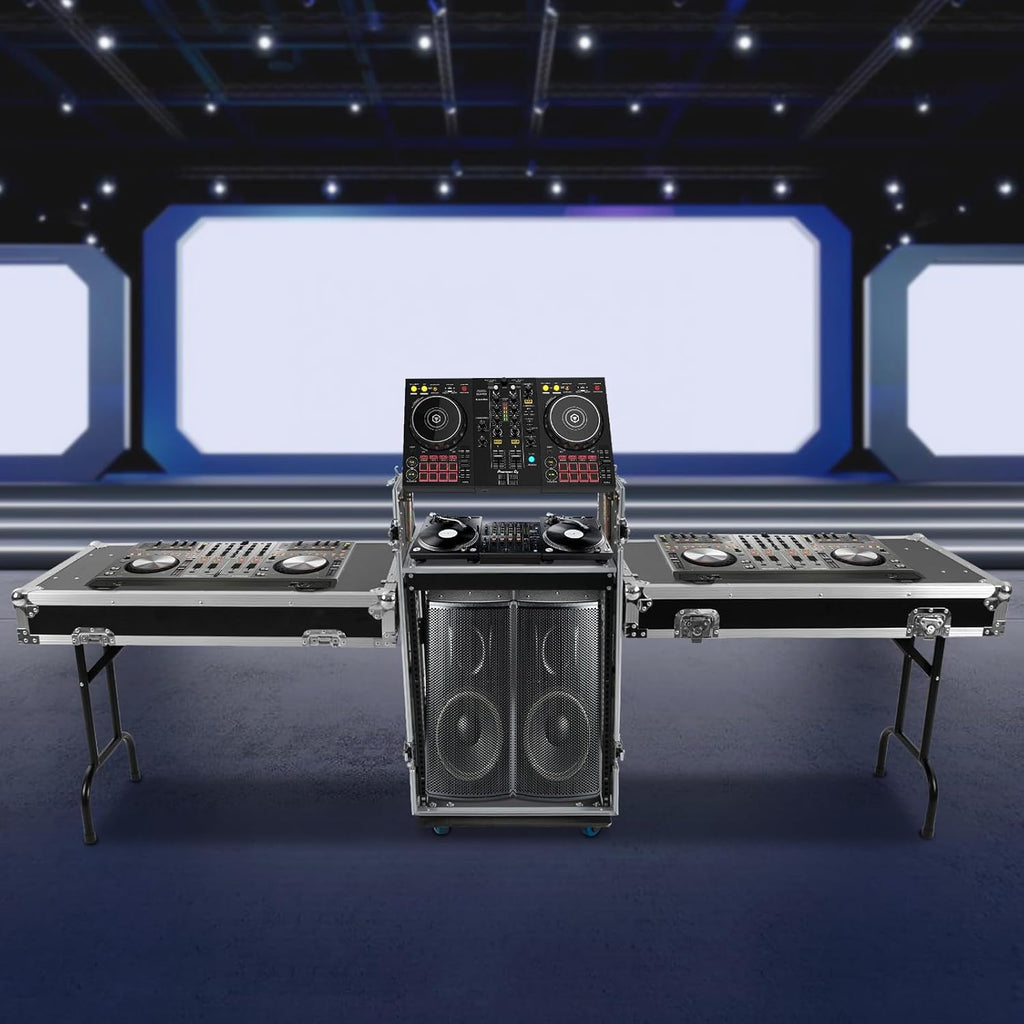 14U PA DJ Rack,Heavy Duty Mobile Studio Equipment Cabinet with 4 Wheels,2 DJ Work Tables,661.39 Capacity,for Dj/Pro Audio/Network Gear Storage
