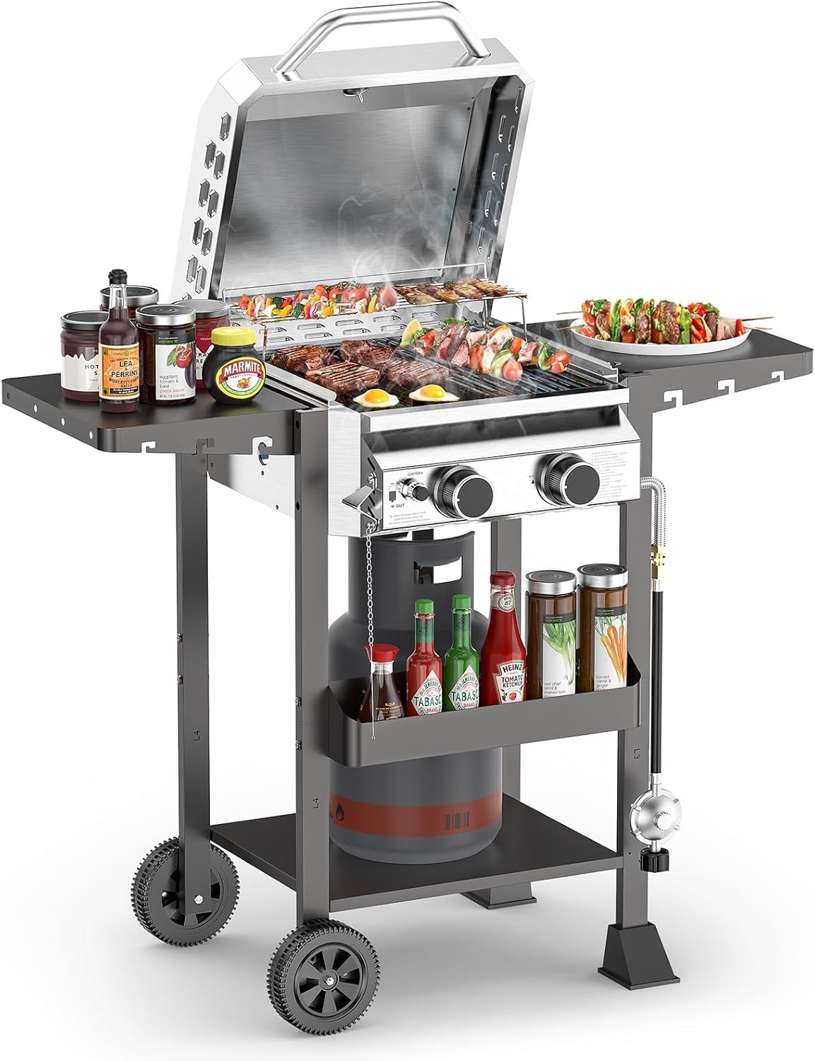 2-Burner Gas Grill, Stainless Steel 160,00 BTU BBQ Grill with Foldable Side Shelves & Storage Shelf – Ideal Propane Grill for Outdoor Barbecues, Patio Gatherings, and Camping